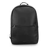 A sleek black backpack featuring a front zip pocket and a branded logo. Ideal for casual or business use.