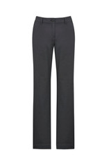A pair of women's slacks in dark grey with a straight leg design and a button closure. Features a small logo.