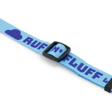 A woven dog collar in light blue, featuring a black buckle and a logo.