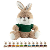 A plush rabbit wearing a green shirt, with a fluffy tan body and large ears, surrounded by variations in different colours.