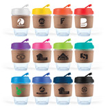A reusable coffee cup with a cork band, available in various colors including blue, green, orange, and yellow, featuring logos. A reusable coffee cup with a cork band, available in various colors including blue, green, orange, and yellow, featuring logos.