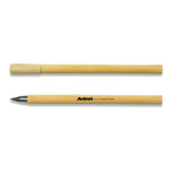 A bamboo pen with a black nib and a natural wood finish, featuring a logo.