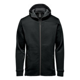 A black hoody featuring a zip front, a hood, and a soft inner lining, with side pockets and a logo.
