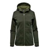 A women's hoody in dark green with a zip front and a lined hood. It features a logo on the chest.