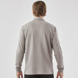 A long-sleeve grey polo shirt with a simple design and a logo on the back.