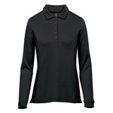 A women's long sleeve micro pique polo in black with a collar and buttons, featuring a logo.