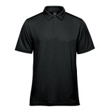 A black men's polo shirt with a classic collar, three buttons, and a small logo.