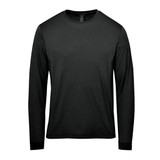 A long-sleeve black t-shirt with a round neckline and a simple design. It features a logo on the label.