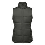 A women's thermal vest in dark green, featuring a zip-up front and a high collar design. It has a logo on it.