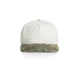 A two-tone cap featuring a white front and a camo-patterned peak, complete with a logo.