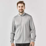 A grey men's pullover featuring a 1/4 zip and long sleeves, with a branding logo on the garment.