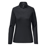 A women's black 1/4 zip pullover with long sleeves, featuring a logo on the side.