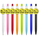 A collection of plastic pens in various colours including white, pink, red, orange, green, blue, and black, each with a logo.