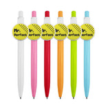 A selection of six plastic pens in white, pink, red, orange, yellow, and blue. Each has a circular badge attached.