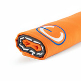 An orange beach towel rolled up, featuring a grey border and a circular logo.