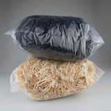 Two bags of shredded filler: one black and one natural beige, sealed in clear plastic packaging.