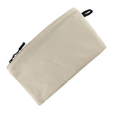 A large beige cosmetic bag with a zipper closure and a small loop attachment. It features a plain design.