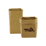 Two medium-sized kraft paper storage bags in brown, featuring a foldover top and a branding logo.