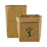 A kraft paper storage bag in brown with a green logo, featuring a foldable design and square shape.