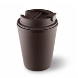 A drink bottle in a dark brown colour, featuring a cup design and a lid, with a branding logo present.