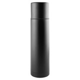A drink bottle in matte black, featuring a sleek, cylindrical design with a small opening at the top and a logo.