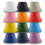 A collection of bucket hats in various colours: white, black, beige, pink, orange, red, yellow, green, blue, and purple. Each hat has a logo.