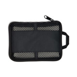A black zippered pouch with a mesh front and a handle, suitable for organising small items.