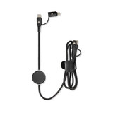 A black charging cable with a round connector and a clip for organisation. It has a sleek, modern design.