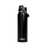 A drink bottle in matte black, featuring a screw-top lid and a carry handle, with a visible logo.