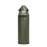 A drink bottle in olive green with a silver cap and handle, featuring a logo on the side.