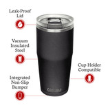 A drink bottle with a vacuum-insulated, black body; features a clear lid and includes a branding logo.