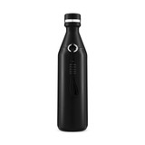 A drink bottle in sleek black with a silver top and a handle, featuring a logo on the side.