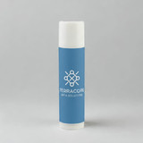 A cylindrical lip balm tube in light blue featuring a white cap and a logo.