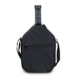 A black pickleball paddle with a padded carrying case featuring a zipper and an adjustable shoulder strap.