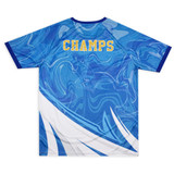 A blue active T-shirt featuring a wave pattern and a logo on the back. It has contrasting blue sleeves.