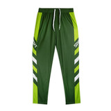 Custom men's active pants in green with white and lime accents, featuring a logo on the leg.