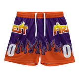 Custom women's active shorts in purple and orange with a flame design. Features a logo and a bold number zero at the front.