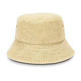 A beige bucket hat with a textured finish and a logo, featuring a wide brim.