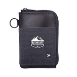 A black and grey zippered wallet featuring a logo on the front and a round zip pull.