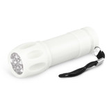 A white torch with a textured grip and a black strap, featuring multiple LED lights on the front. A white torch with a textured grip and a black strap, featuring multiple LED lights on the front.