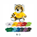 A plush tiger toy with a yellow shirt, featuring various smaller shirts in different colours below it.