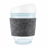 A reusable coffee cup featuring a clear body, a white silicone lid, and a gray RPET band for grip. A reusable coffee cup featuring a clear body, a white silicone lid, and a gray RPET band for grip.