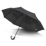 A black umbrella with a curved handle and a sleek design, featuring a logo on the fabric.