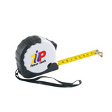 A retracting tape measure in black and white, featuring a yellow measuring tape and a logo on the casing. A retracting tape measure in black and white, featuring a yellow measuring tape and a logo on the casing.