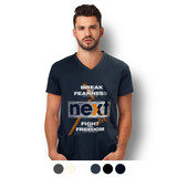 A navy V-neck men's T-shirt featuring a graphic design and branding. Available in multiple colours.