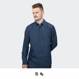 A denim button-up shirt in navy blue, featuring long sleeves and a classic collar. It has a logo on it.