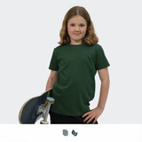 A youth t-shirt in dark green, displayed by a child holding a skateboard, featuring a logo.