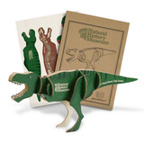 A green wooden Tyrannosaurus Rex model with anatomical pieces and packaging from the Natural History Museum.