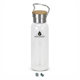 A drink bottle with a clear glass body, stainless steel lid, and a wooden top, featuring a logo.