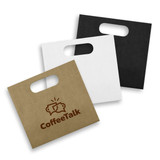 A paper bag in three colours: brown, white, and black, featuring a logo on the brown bag.
